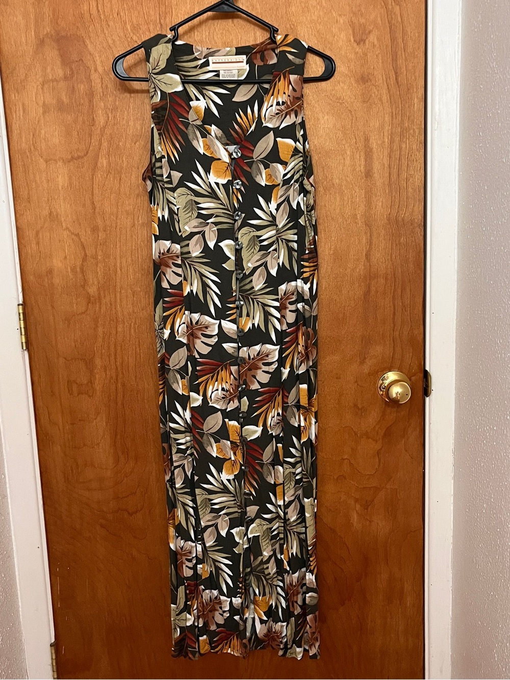 Vintage 90s Green Sleeveless Tropical Print Maxi Shirt Dress